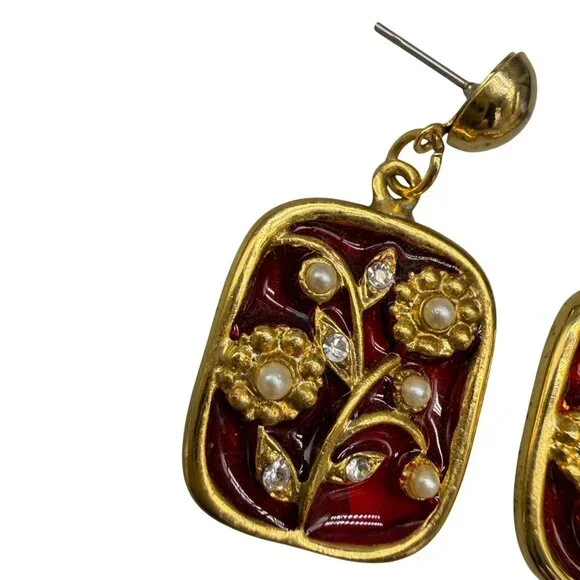 Earrings Dangle Floral Rhinestone Faux Pearls Enamel Asian Gold Tone - Picture 4 of 7